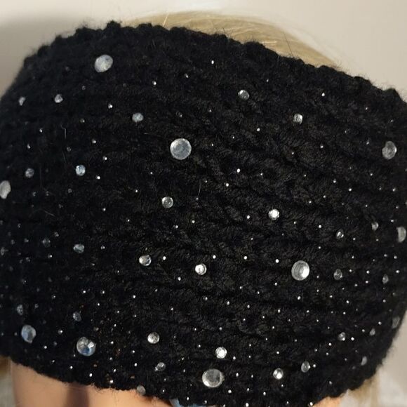 Black Knit Rhinestone Studded Ear Muff Headband - Picture 4 of 5